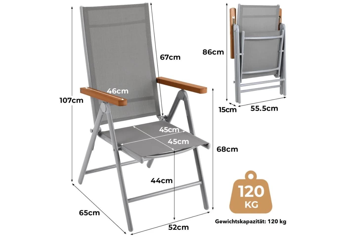 TLGREEN Gartenstuhl Hochlehner 2/4er Set Klappstuhl Grau Aluminium