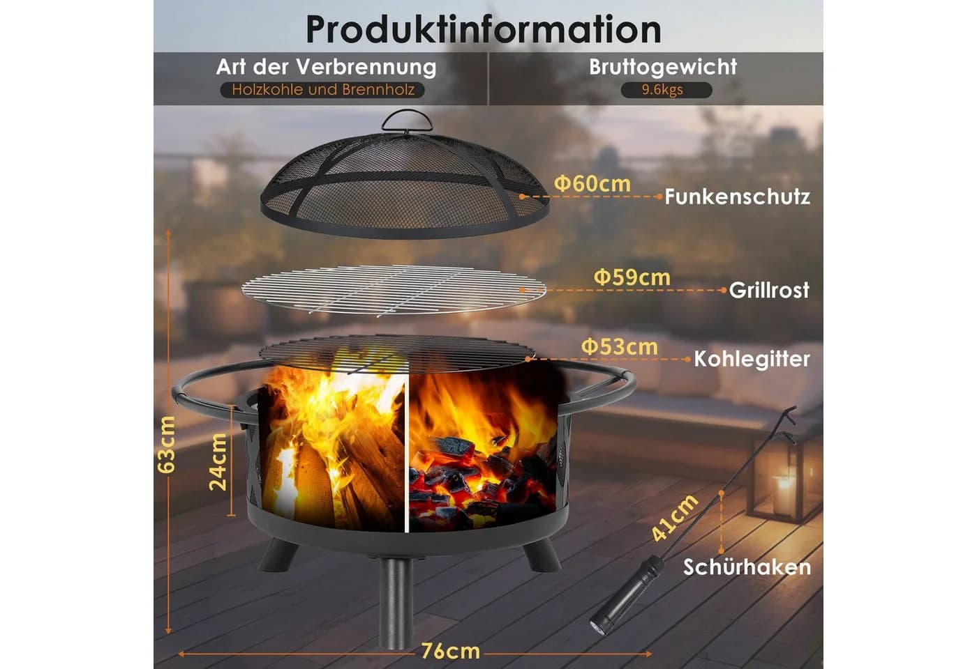 TLGREEN Feuerschale 76cm/80cm BBQ Garten 2-in-1 Outdoor Stahl - Bild 3
