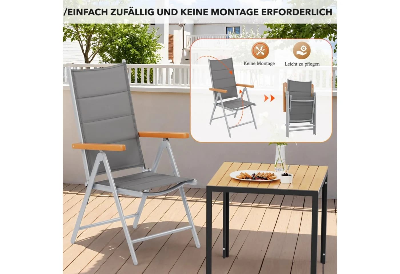 TLGREEN 2er Set Klappbarer Gartenstuhl Aluminium Hochlehner Silbergrau - Bild 3