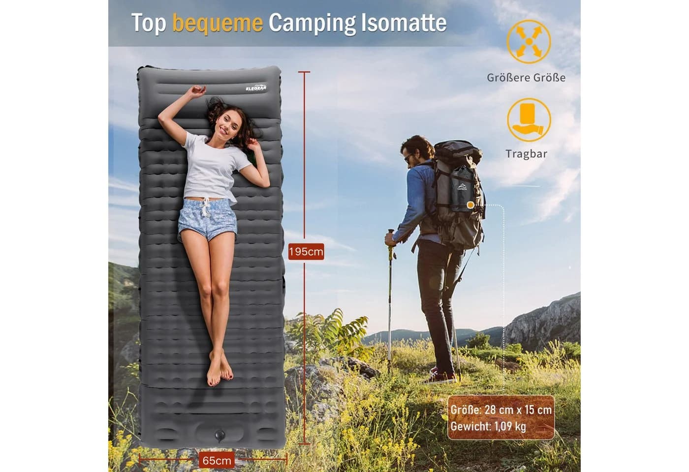 Elegear Isomatte 10cm dicke Campingmatte 200x65/140cm Aufblasbar Superleicht Grau - Bild 3