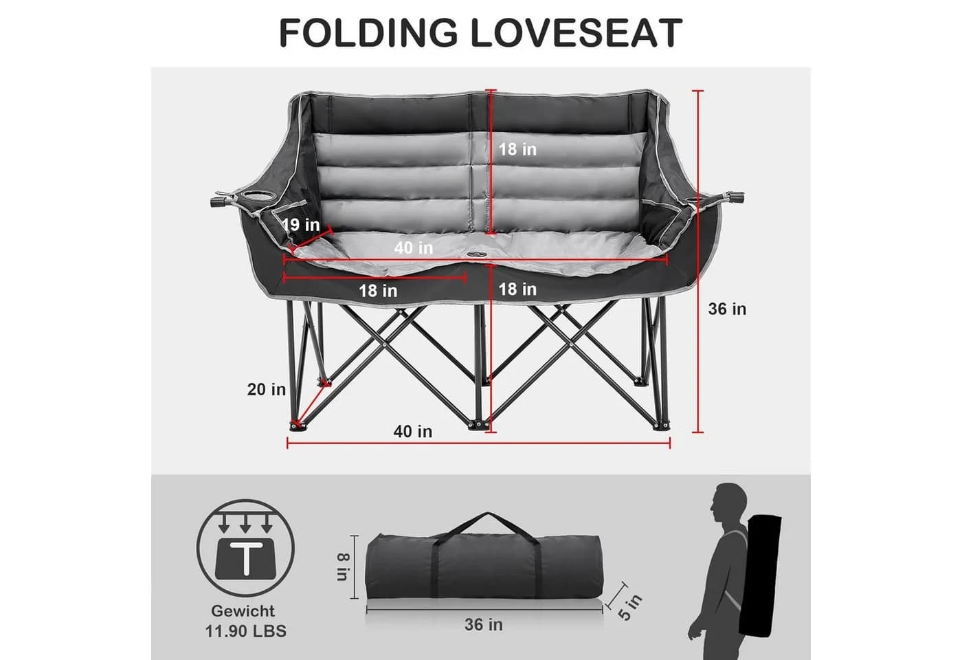 Meulbaty Doppel-Campingstuhl Grau/Schwarz 2-Personen-Loveseat