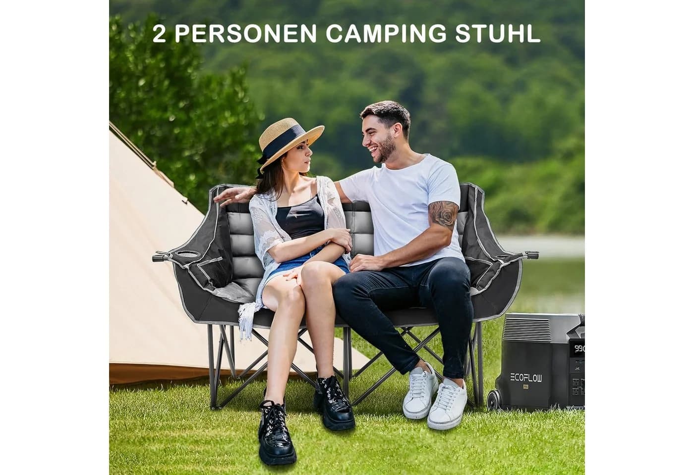 Meulbaty Doppel-Campingstuhl Grau/Schwarz 2-Personen-Loveseat - Bild 3