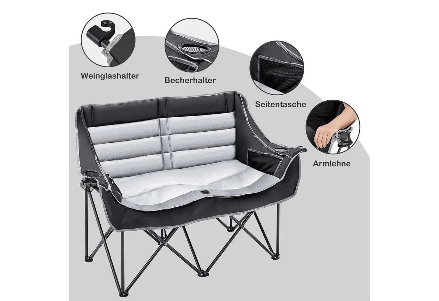 Meulbaty Doppel-Campingstuhl Grau/Schwarz 2-Personen-Loveseat - Bild 4