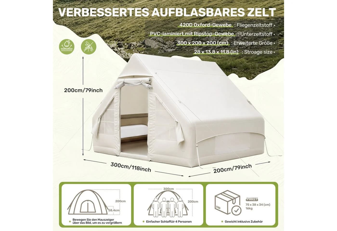 HawthyHome Faltpavillon 3x3m Weiß One-Touch System