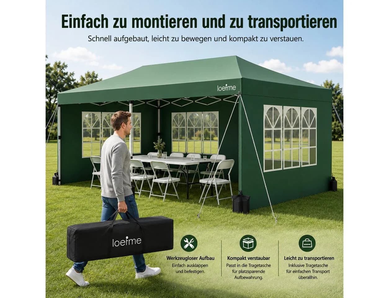 loefme Faltpavillon 3,9x3,9m Pop-Up mit Moskitonetz