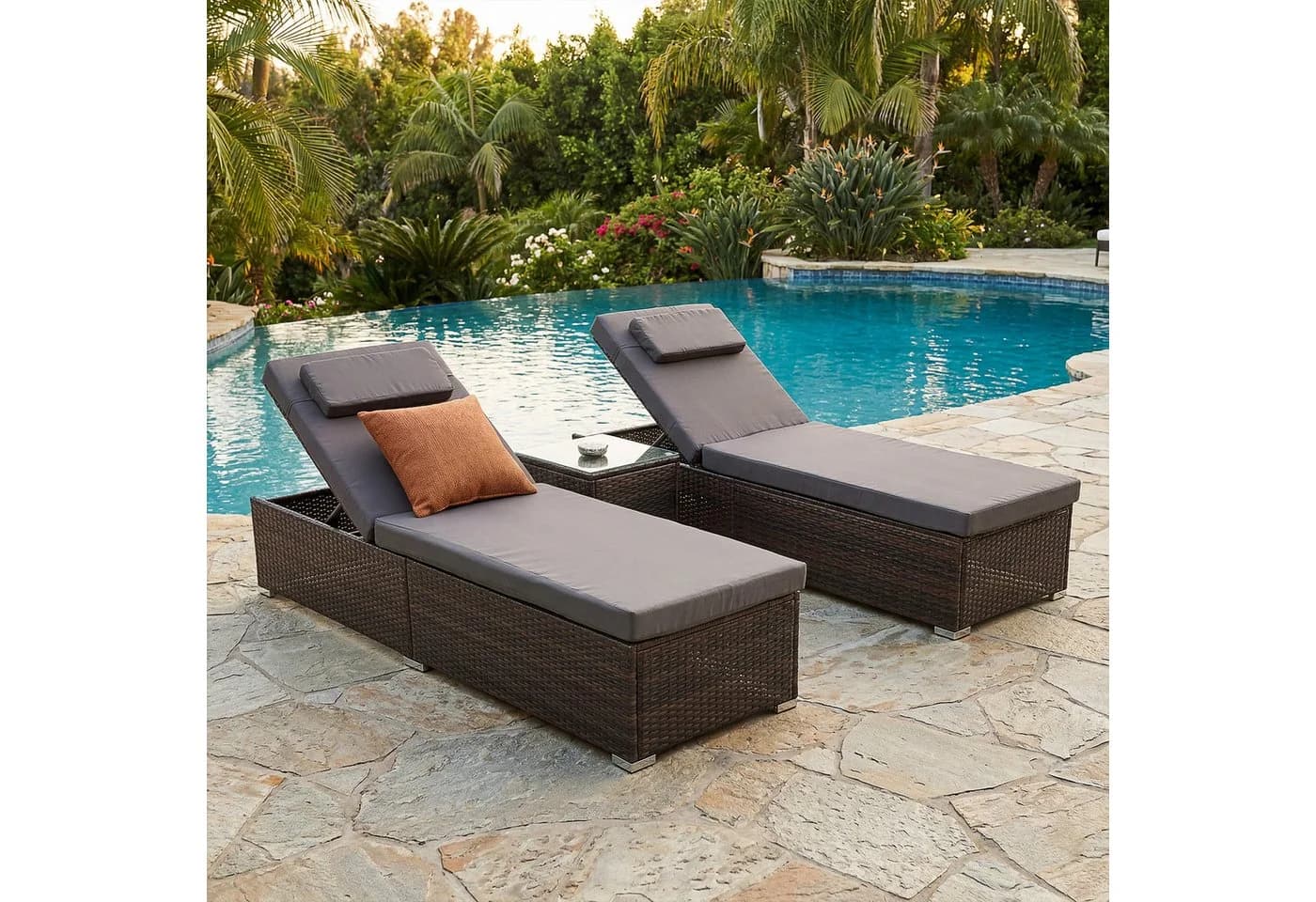 oyajia Gartenliege 2-Personen Polyrattan Braun mit Glastisch - Bild 2