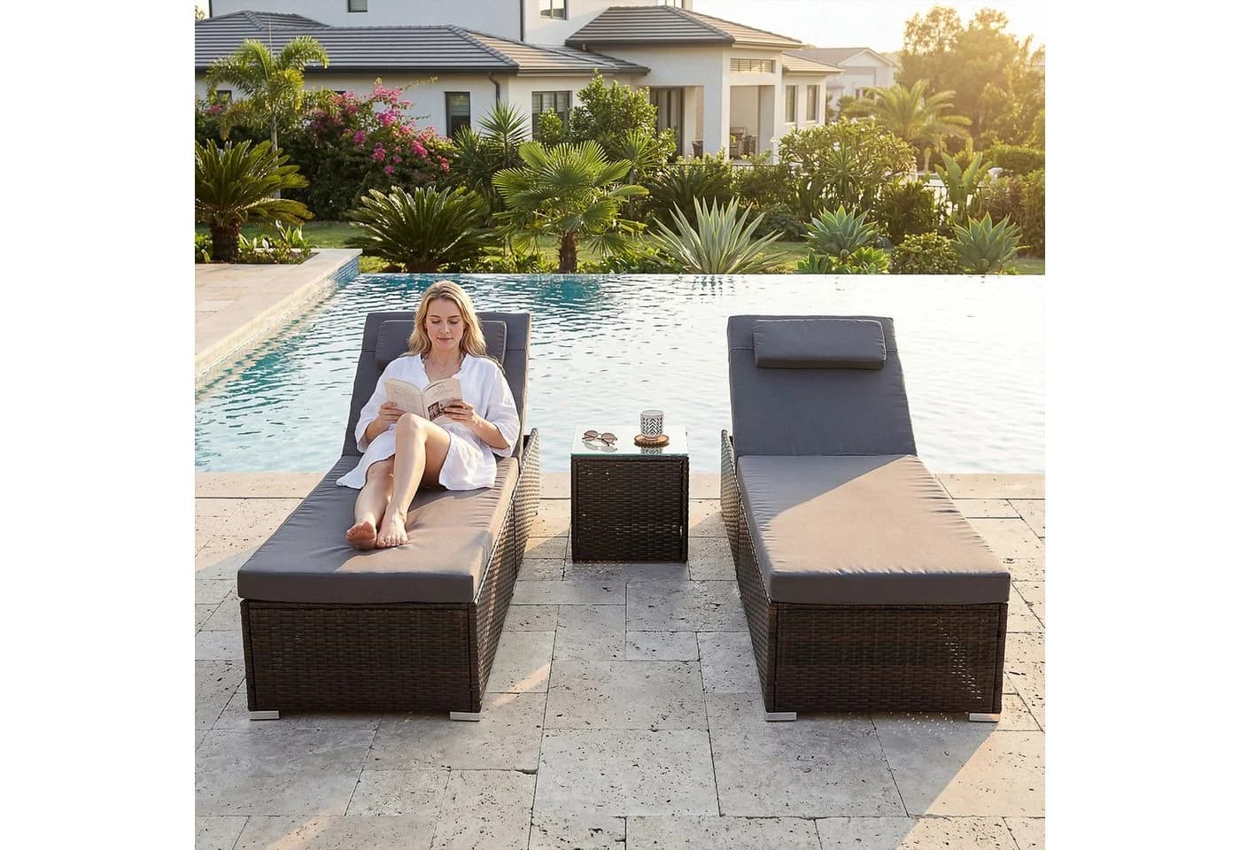 oyajia Gartenliege 2-Personen Polyrattan Braun mit Glastisch - Bild 3