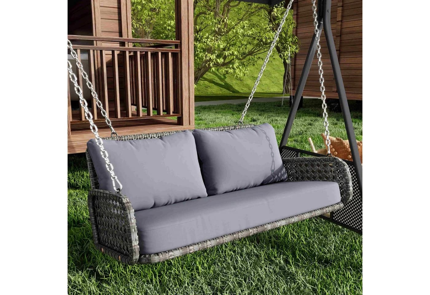 BlingBin PE-Rattan Hängeschaukel Grau mit Kissen
