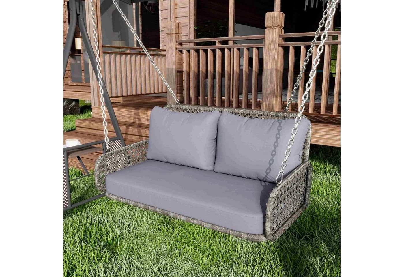 BlingBin PE-Rattan Hängeschaukel Grau mit Kissen - Bild 3