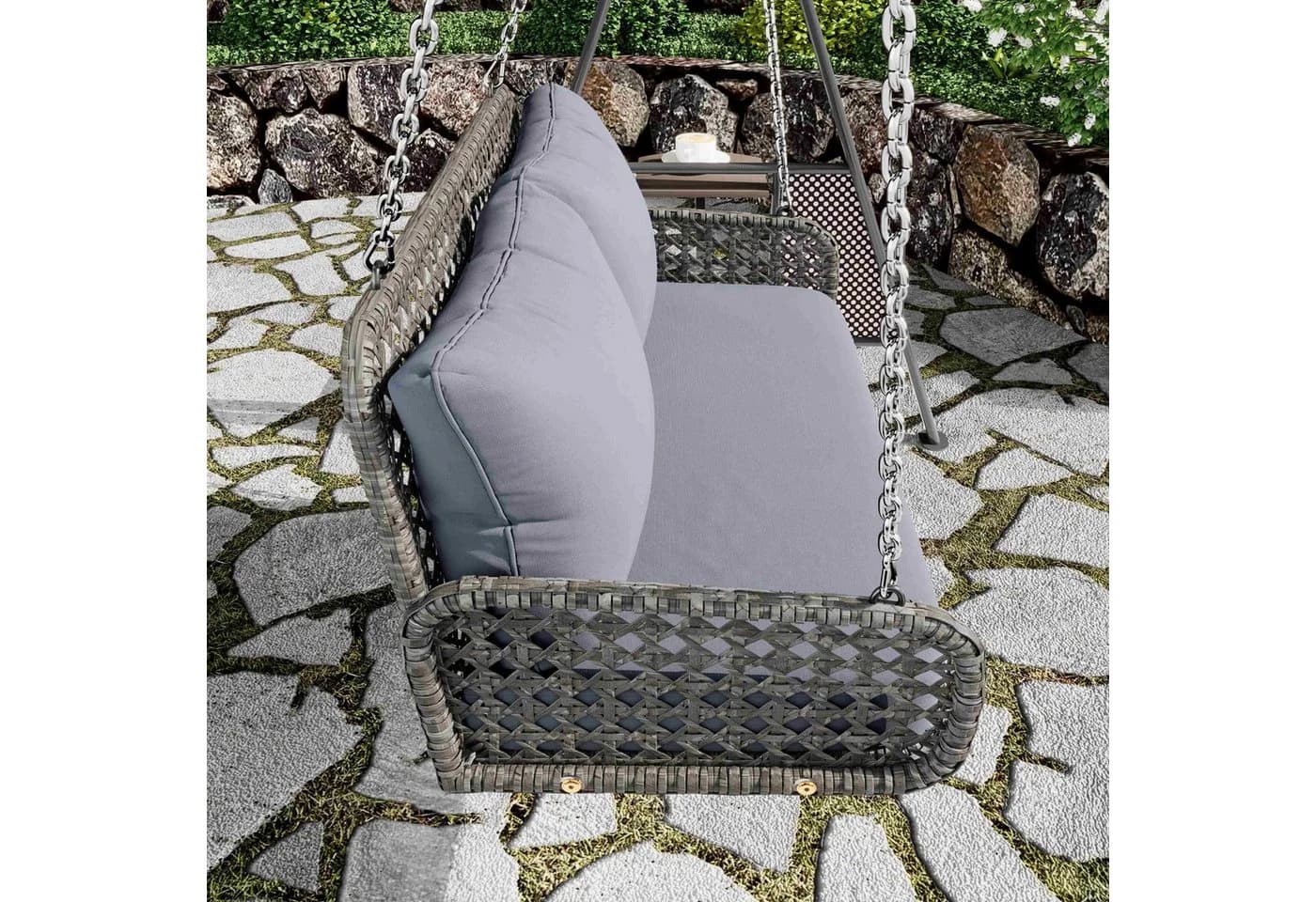 BlingBin PE-Rattan Hängeschaukel Grau mit Kissen - Bild 4