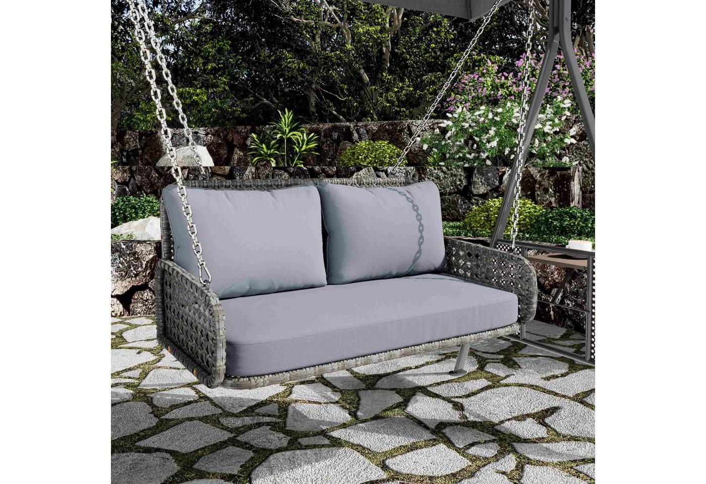BlingBin PE-Rattan Hängeschaukel Grau mit Kissen - Bild 5