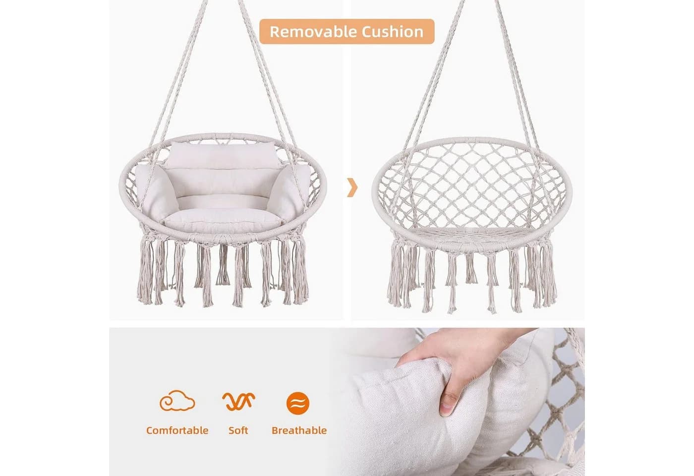 BlingBin Hängesessel Hollywoodschaukelstuhl Beige mit Kissen - Bild 3