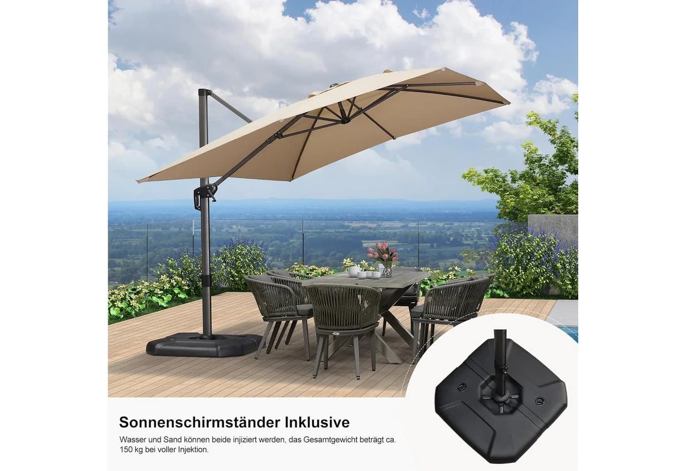 PURPLE LEAF Sonnenschirm Rechteck Alu Außenbereich Ampelschirm mit Schirmständer, 360° Rotation, UV50+