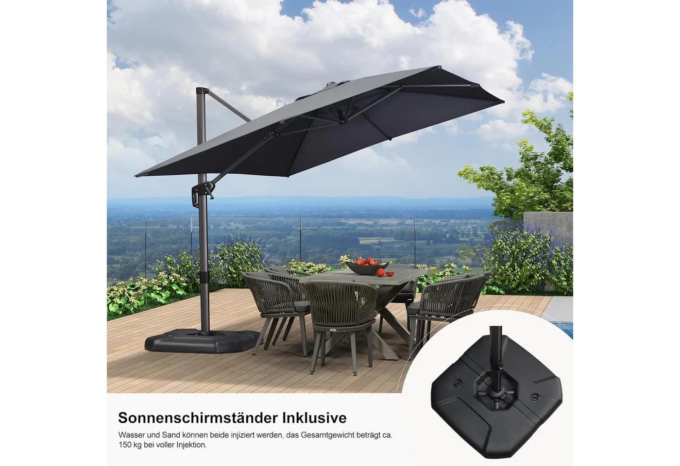 PURPLE LEAF Sonnenschirm Rechteck Alu 350x270 cm Grau