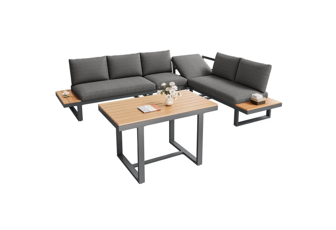 KLAM HOME Gartenlounge-Set Eck-Set grau/schwarz mit Neigefunktion