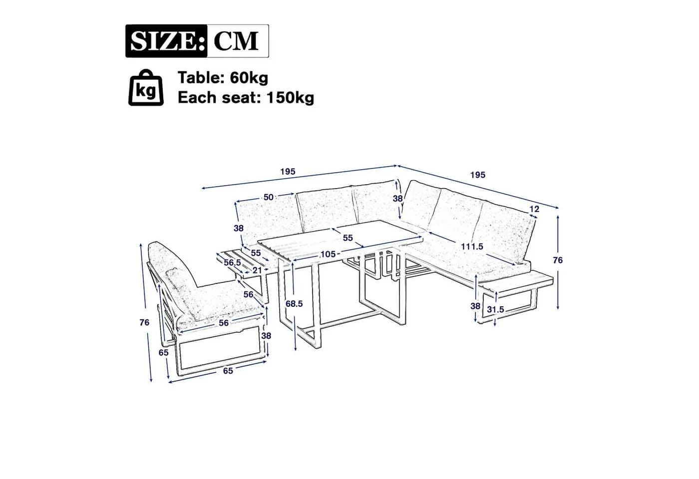 KLAM HOME Gartenlounge-Set Eck-Set grau/schwarz mit Neigefunktion - Bild 3