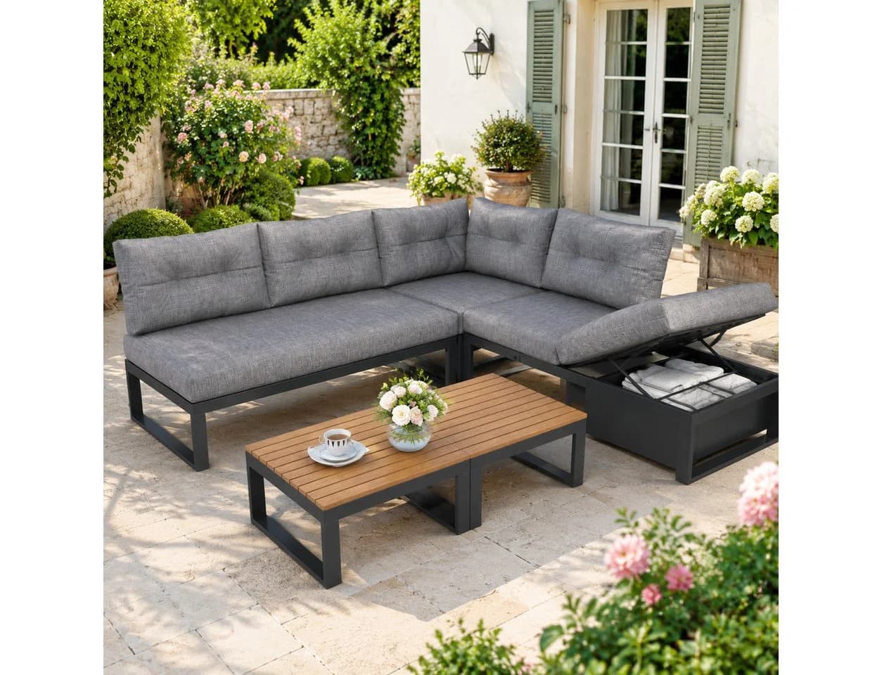 KLAM HOME Gartenlounge-Set 4-6 Sitzer Grau Beige mit Stauraum - Bild 2