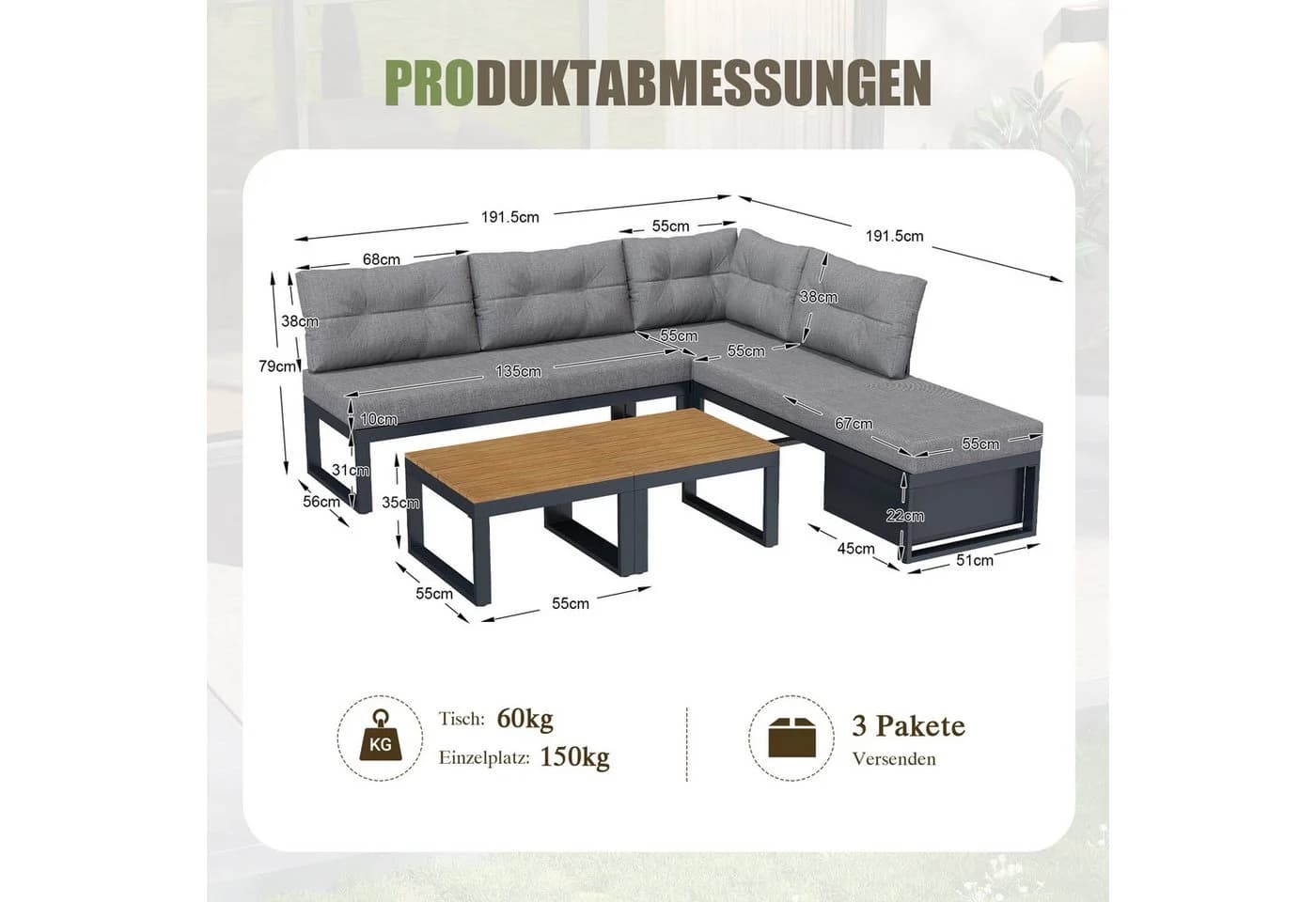 KLAM HOME Gartenlounge-Set 4-6 Sitzer Grau Beige mit Stauraum - Bild 3