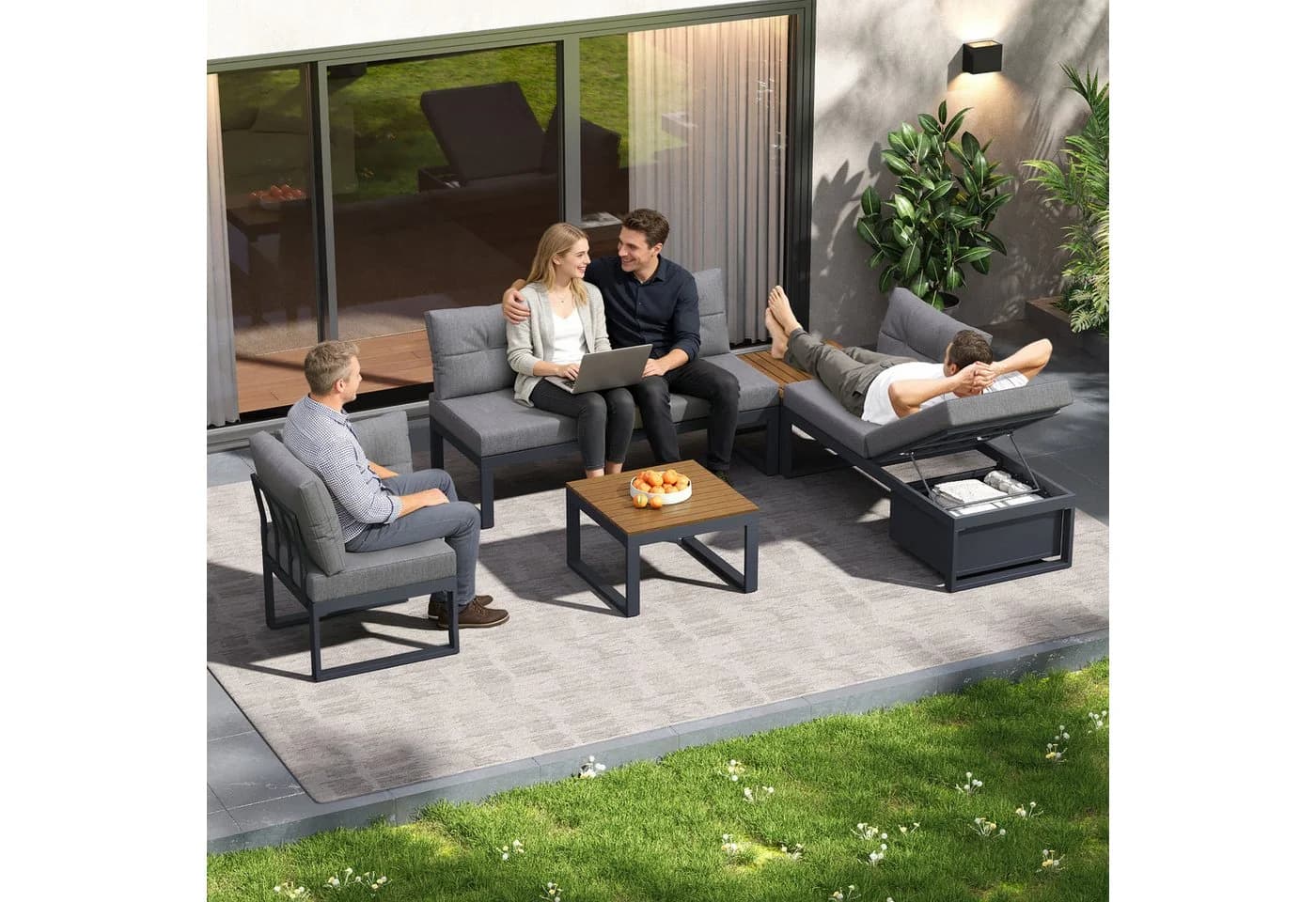 KLAM HOME Gartenlounge-Set 4-6 Sitzer Grau Beige mit Stauraum - Bild 4