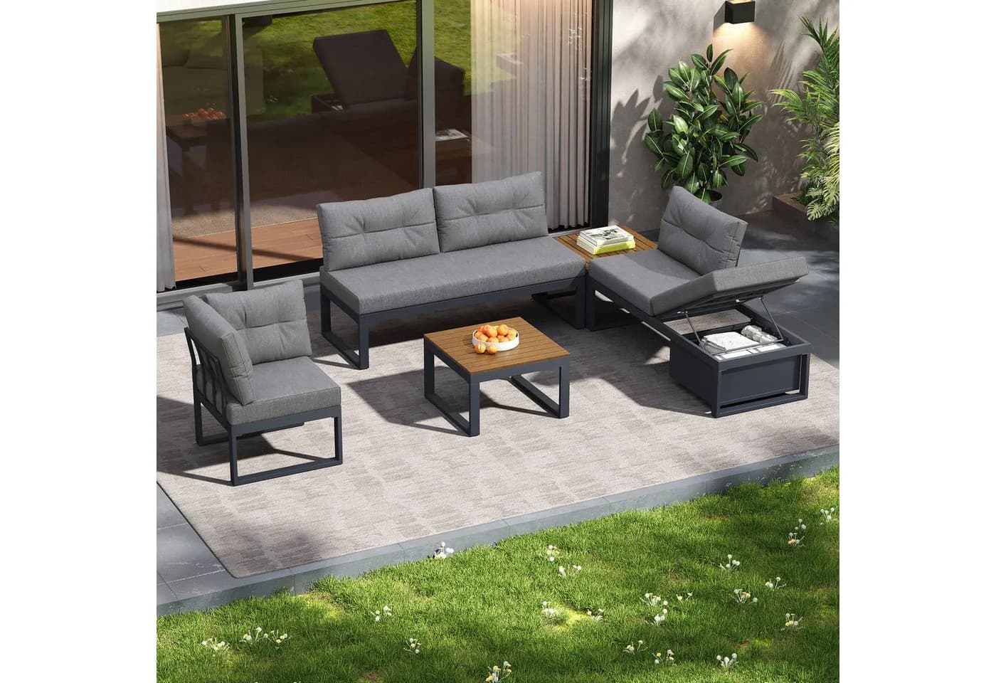 KLAM HOME Gartenlounge-Set 4-6 Sitzer Grau Beige mit Stauraum - Bild 5