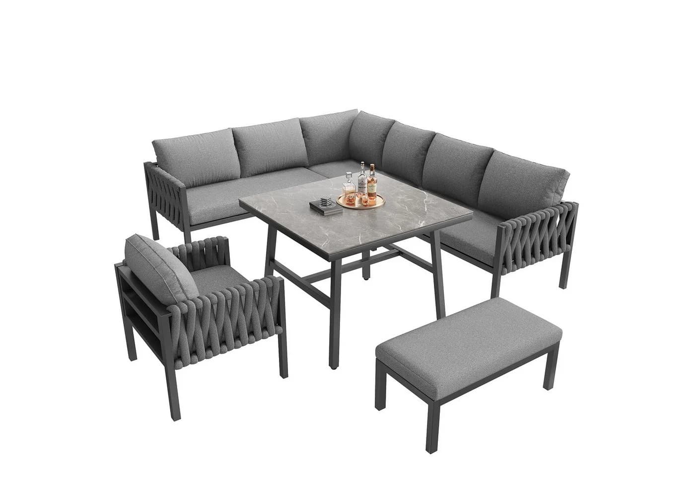 KLAM HOME Gartenlounge-Set 5-tlg. Grau Seilgartenmöbel mit Ecksofa