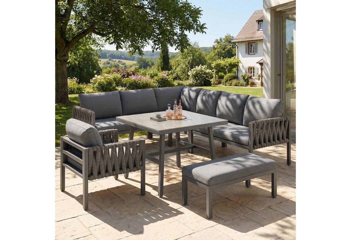 KLAM HOME Gartenlounge-Set 5-tlg. Grau Seilgartenmöbel mit Ecksofa - Bild 2