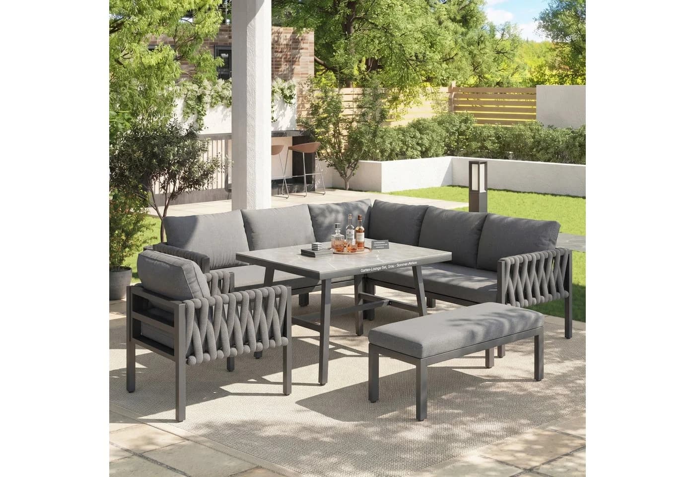 KLAM HOME Gartenlounge-Set 5-tlg. Grau Seilgartenmöbel mit Ecksofa - Bild 3