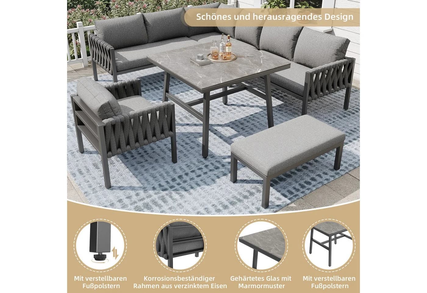 KLAM HOME Gartenlounge-Set 5-tlg. Grau Seilgartenmöbel mit Ecksofa - Bild 4