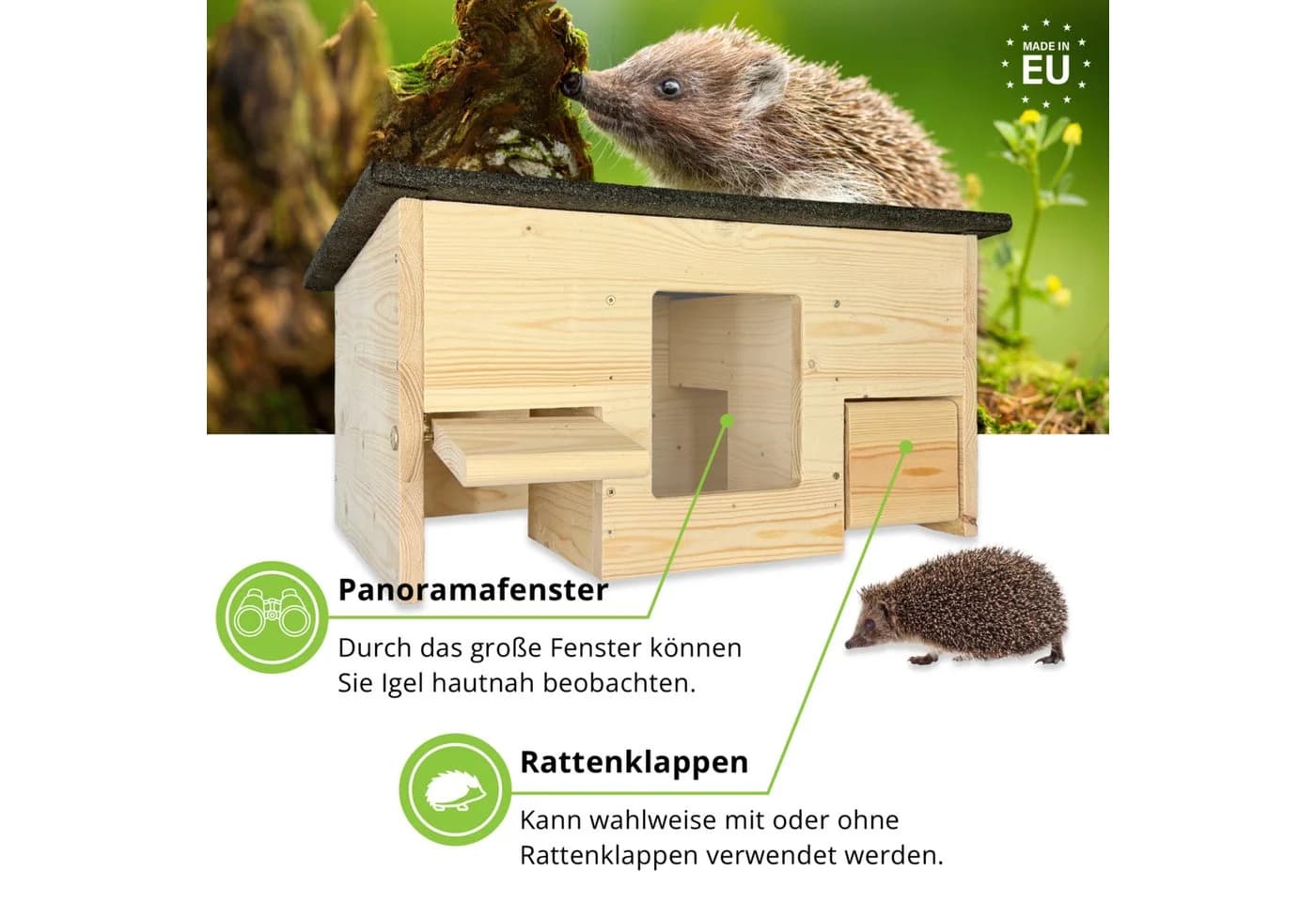 gartenetage Igelfutterhaus mit Beobachtungsfenster & Rattenklappen aus Holz
