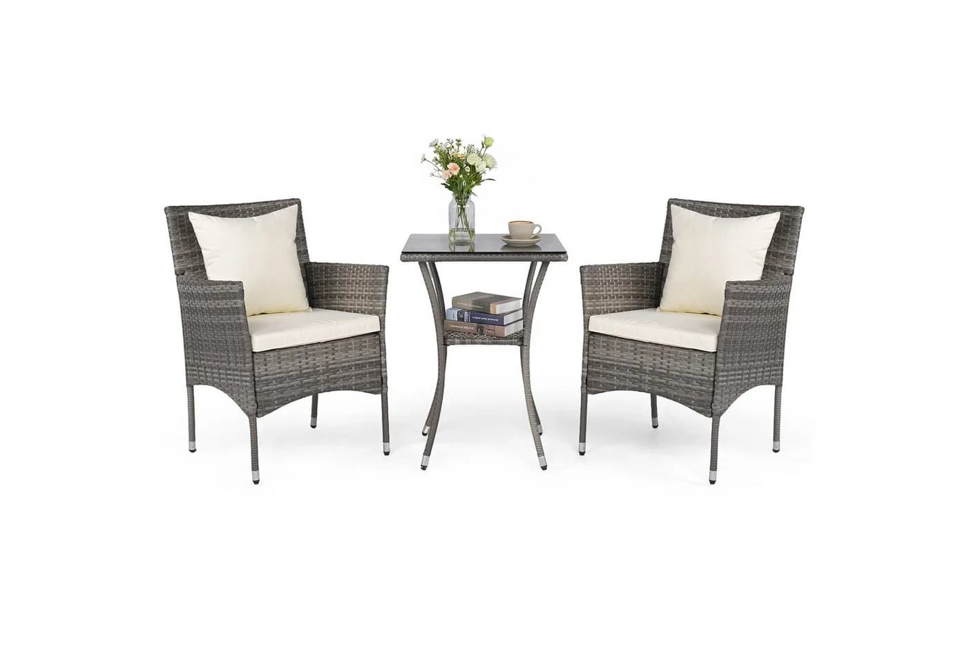 COSTWAY Balkonset 3-tlg. Rattan 2 Sessel & Glastisch mit Kissen - Bild 2