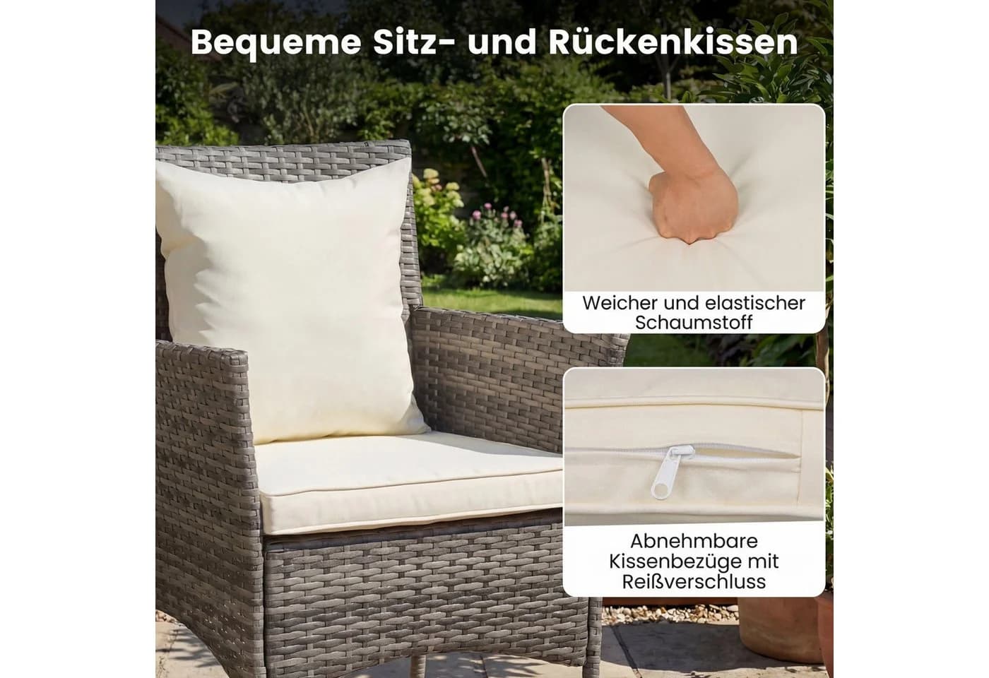 COSTWAY Balkonset 3-tlg. Rattan 2 Sessel & Glastisch mit Kissen - Bild 4