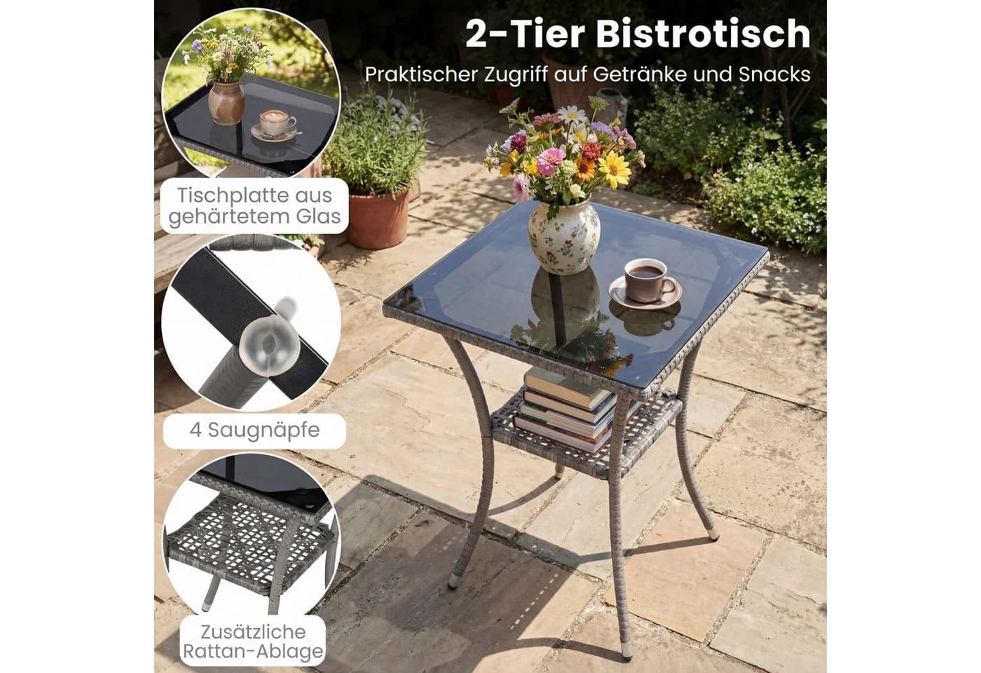COSTWAY Balkonset 3-tlg. Rattan 2 Sessel & Glastisch mit Kissen - Bild 5