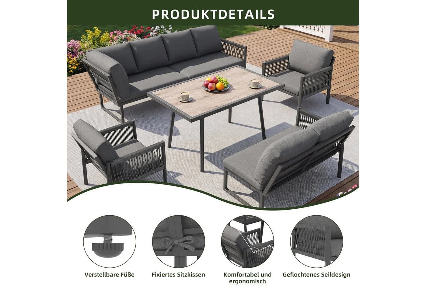 KLAM HOME Gartenlounge-Set 8 Personen Grau Metallrahmen - Bild 5