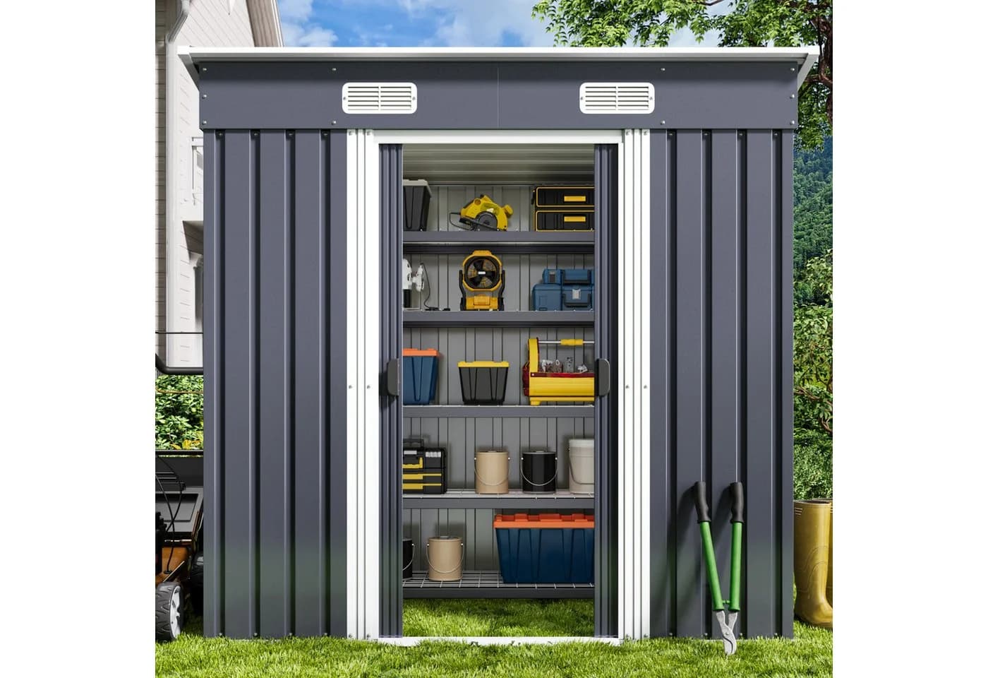Bealife Gerätehaus Robuster Metall-Gartengeräteschuppen Grau/Grün - Bild 4