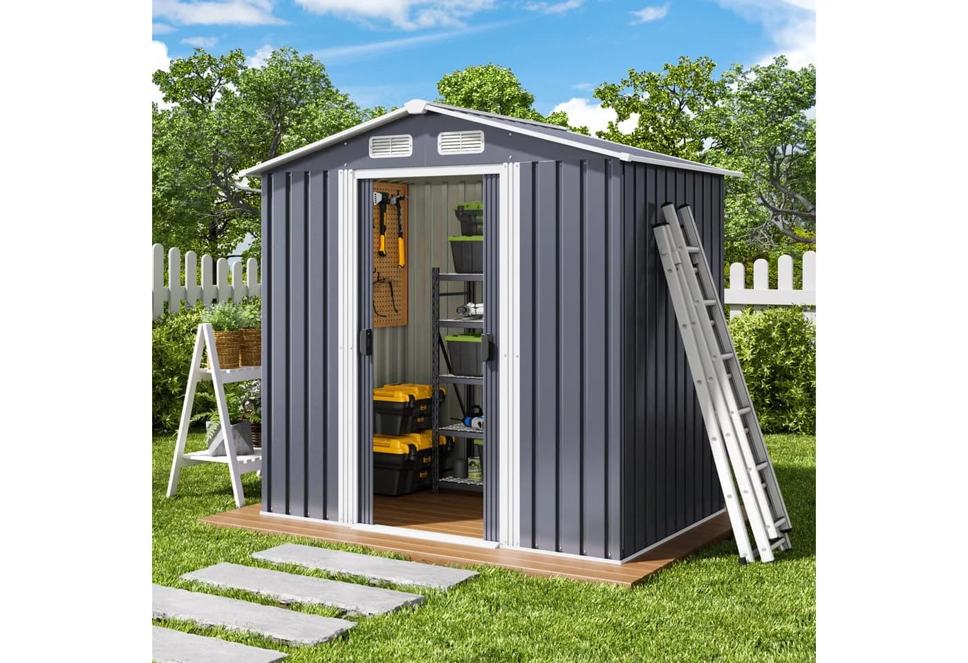 Bealife Metall-Gartengeräteschuppen Grau/Grün 196x131x187 cm - Bild 5
