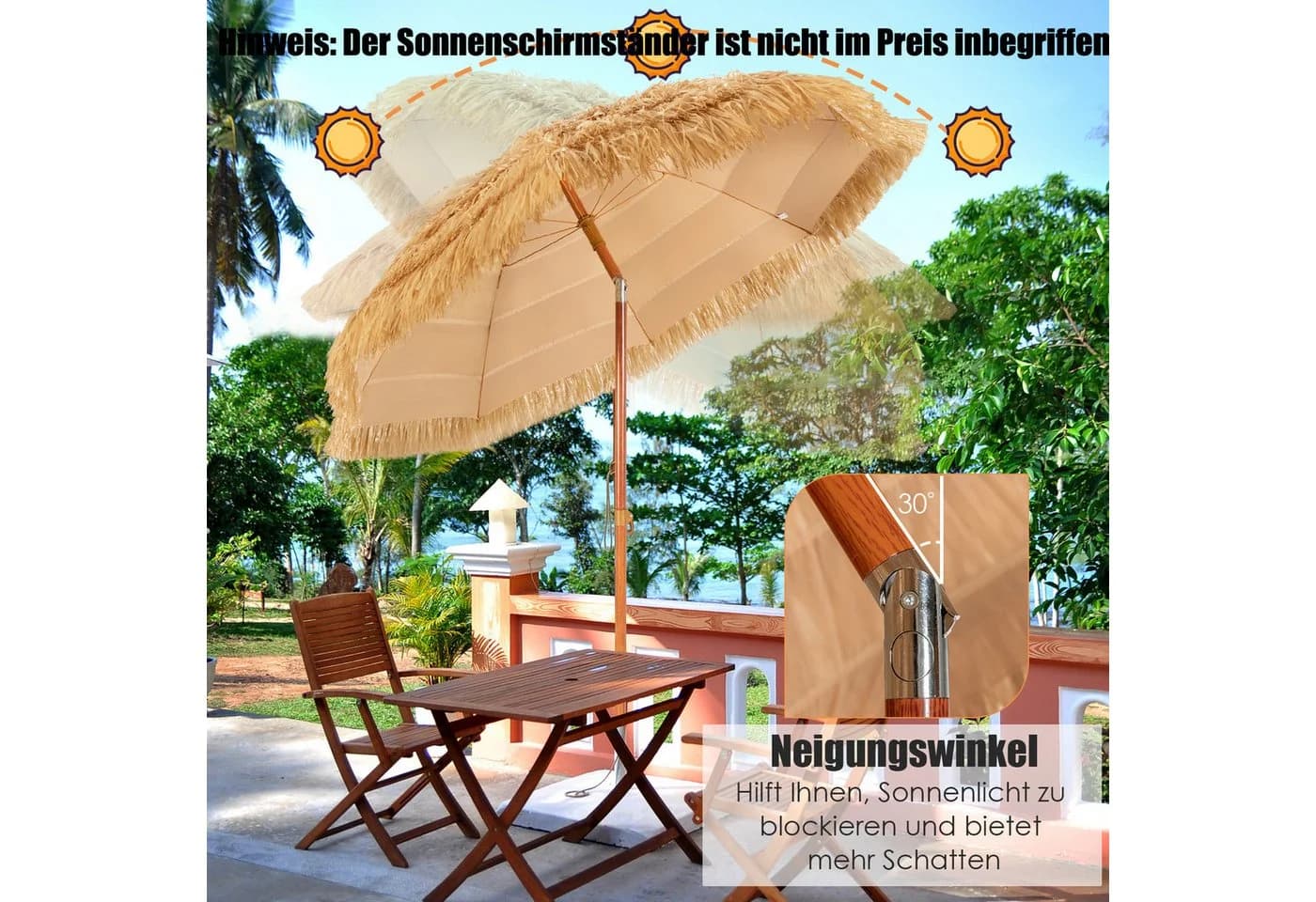 COSTWAY Sonnenschirm Reisstroh Neigbar 175x175 cm - Bild 3