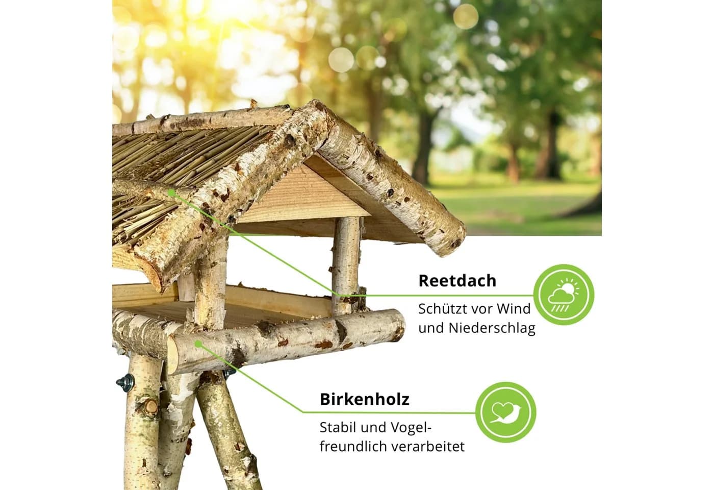 gartenetage Vogelhaus Birke Vogelfutterhaus mit Ständer und Reetdach