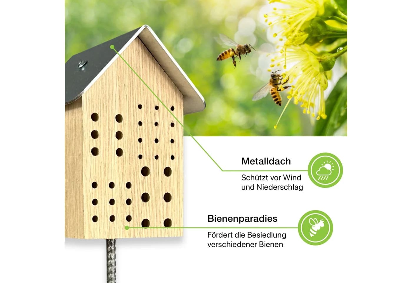 Insektenhotel mit Metalldach aus Eiche für Wildbienen
