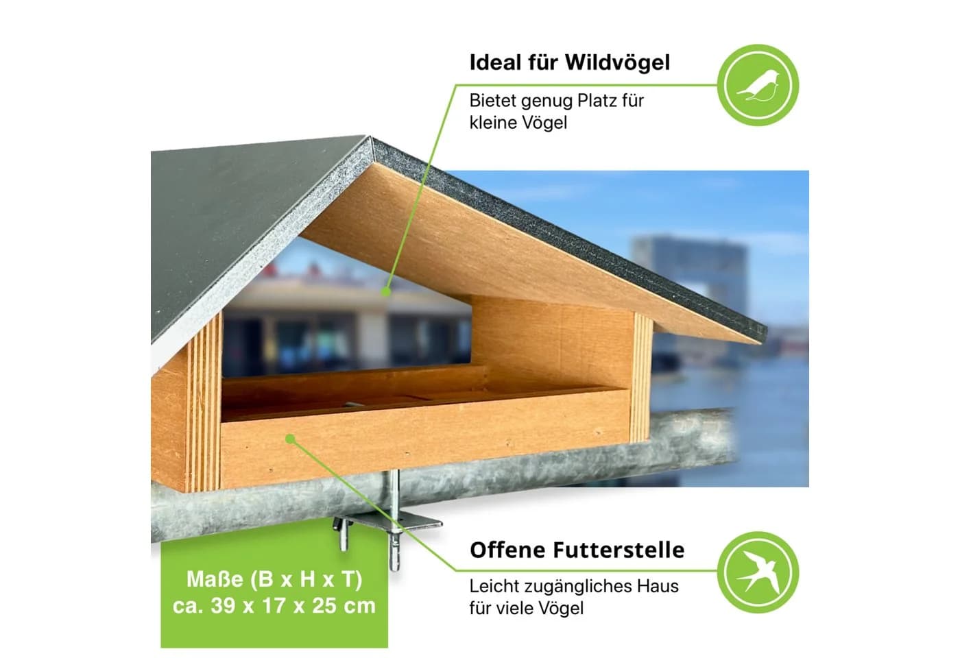 gartenetage Vogelhaus Balkon-Futterstelle aus wetterfestem Naturholz, Metalldach