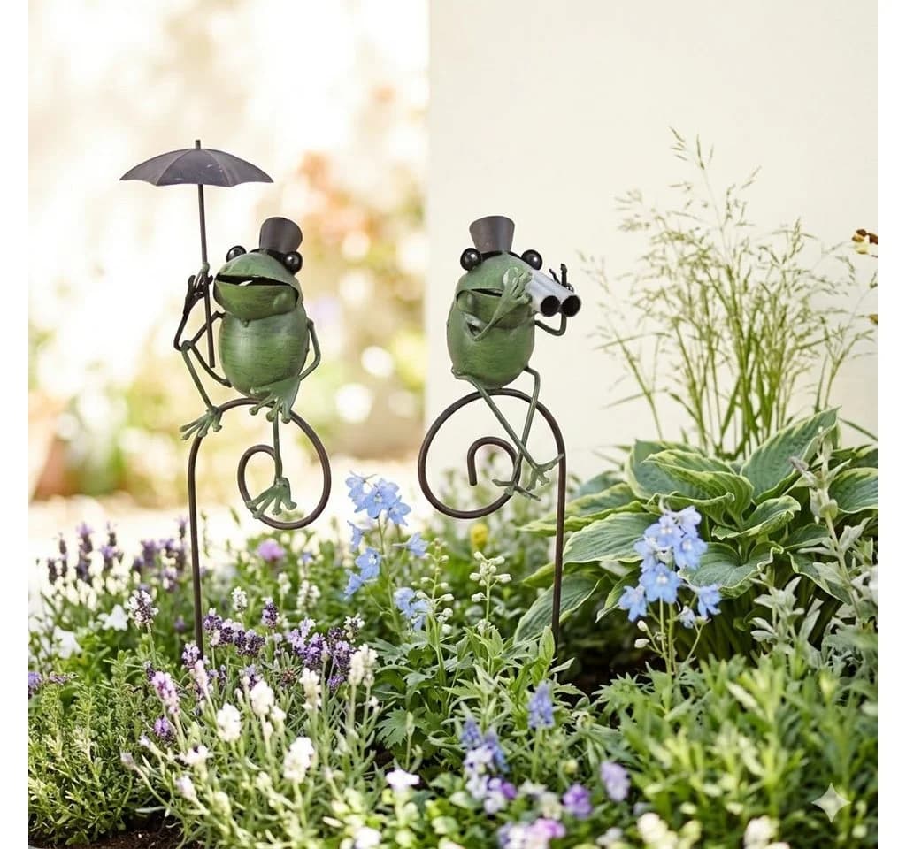 Posiwio Frosch-Gartenstecker mit Zylinder & Schirm antik-grün