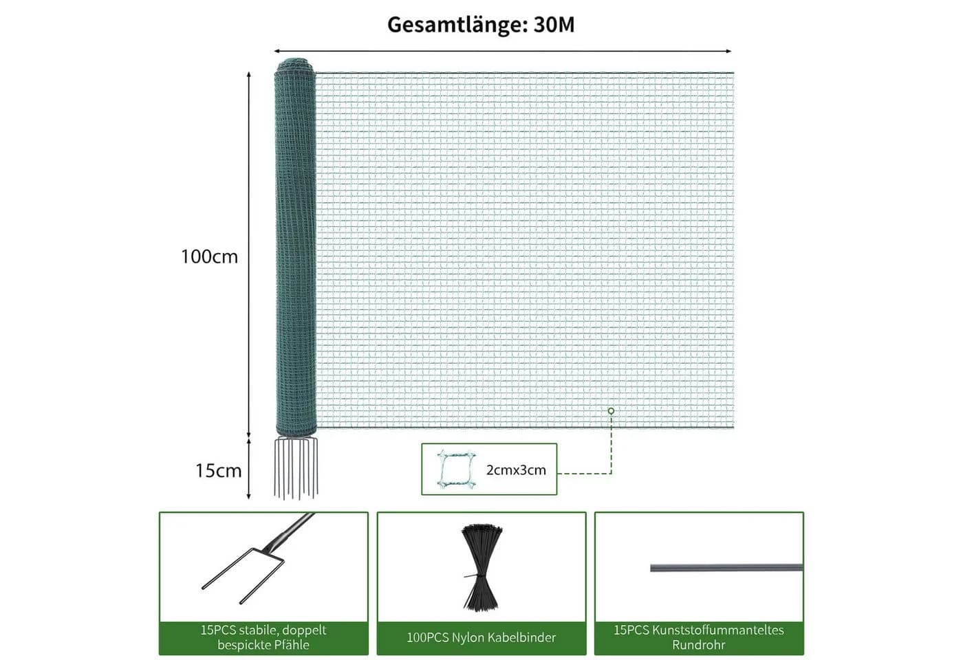 Meulbaty Hühnerzaun Nylon 100x30m mit 15 Pfosten
