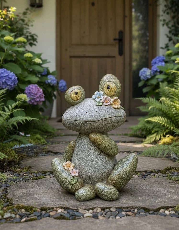 MF Gartenfigur Steinfrosch Lotti mit Blumen aus Magnesia