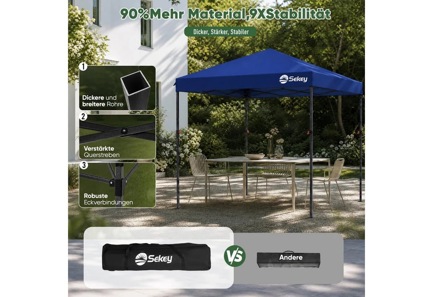 Sekey Faltpavillon 3x3 m Gartenpavillon mit 4 Seitenteilen Blau - Bild 4