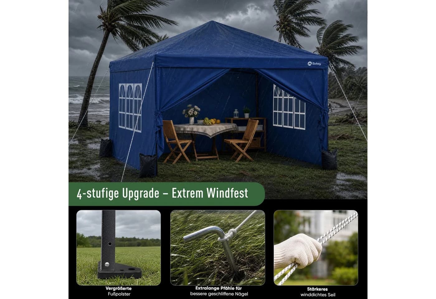 Sekey Faltpavillon 3x3 m Gartenpavillon mit 4 Seitenteilen Blau - Bild 5