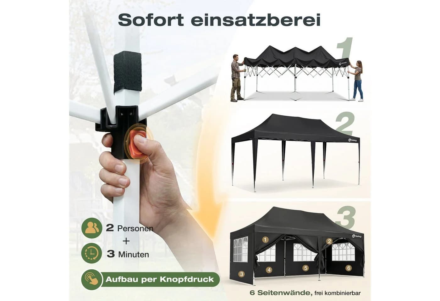 Sekey Faltpavillon 3x6 m Schwarz Wasserdicht UV50+ Höhenverstellbar
