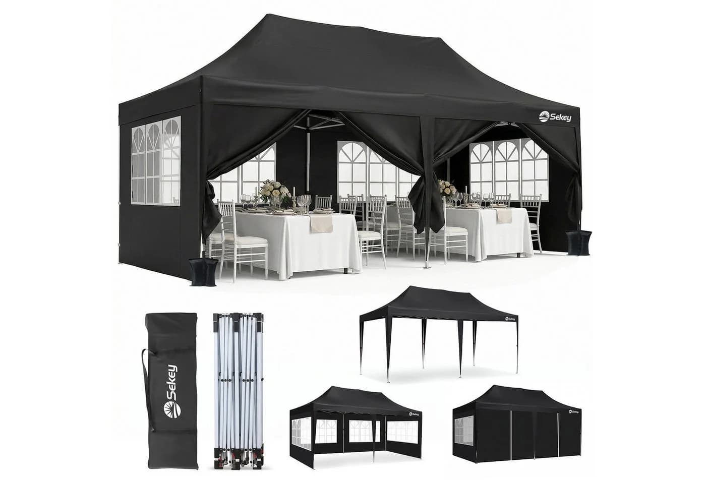 Sekey Faltpavillon 3x6 m Schwarz Wasserdicht UV50+ Höhenverstellbar - Bild 2