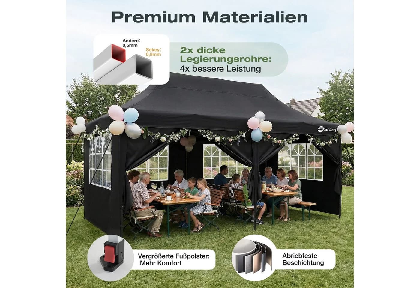 Sekey Faltpavillon 3x6 m Schwarz Wasserdicht UV50+ Höhenverstellbar - Bild 4