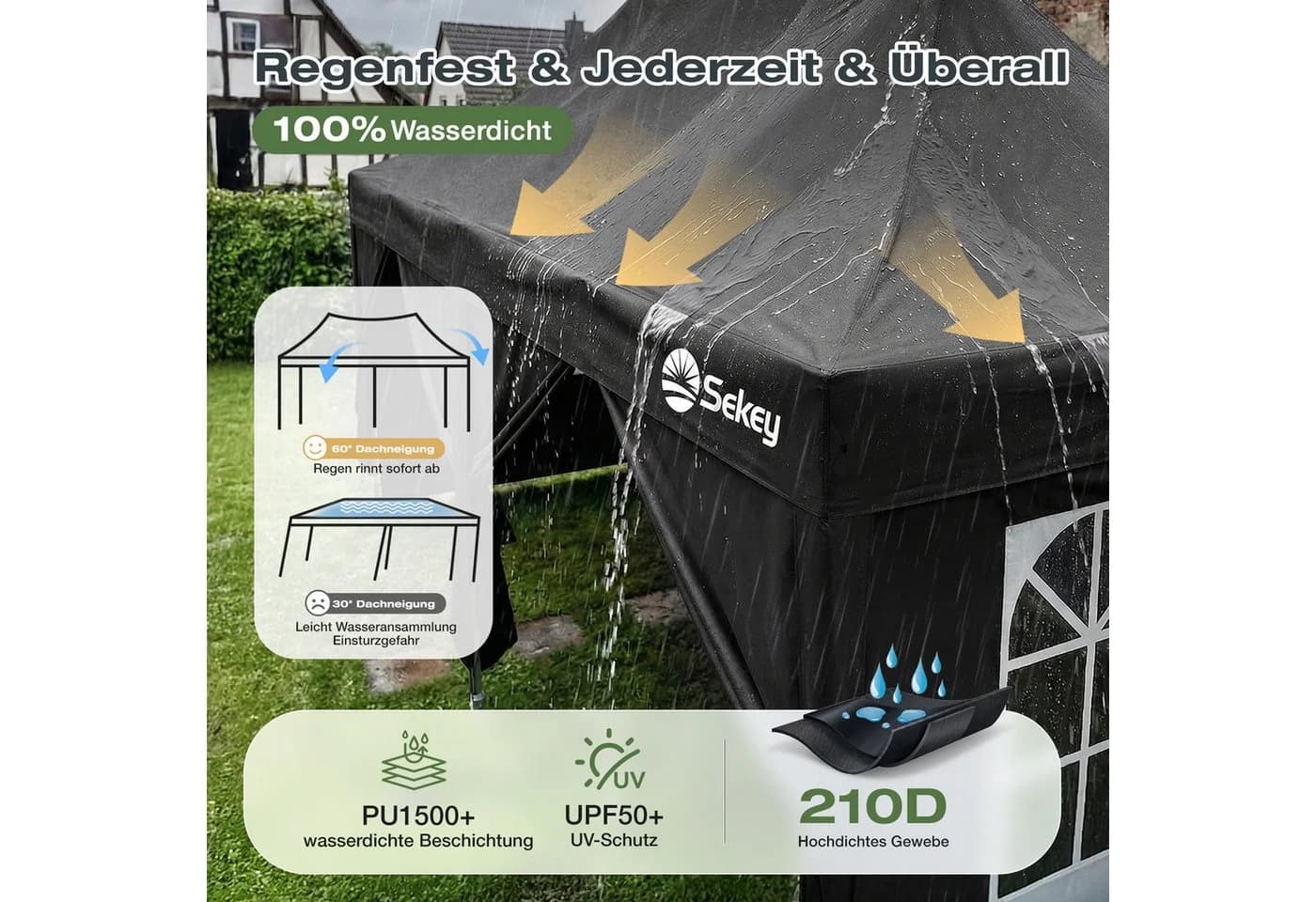 Sekey Faltpavillon 3x6 m Schwarz Wasserdicht UV50+ Höhenverstellbar - Bild 5