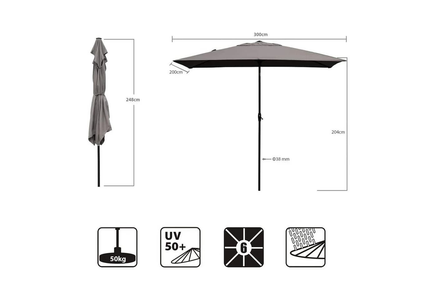 Sekey Sonnenschirm Rechteckig Braun Kippbar mit Kurbel UV50+ - Bild 4