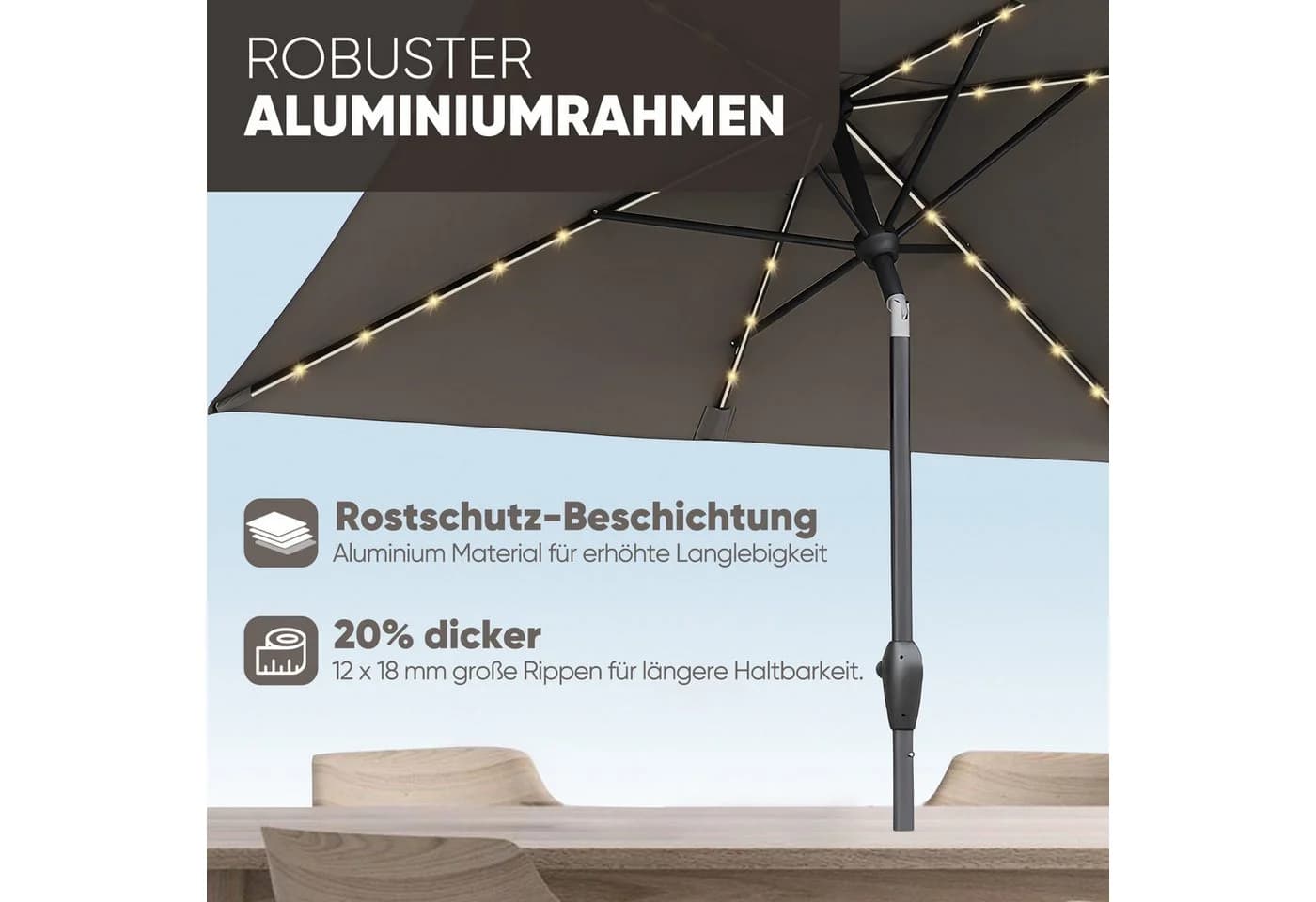 Sekey Aluminium Sonnenschirm 210x140 cm Rechteckig Marktschirm mit Kurbel UV50+ - Bild 3